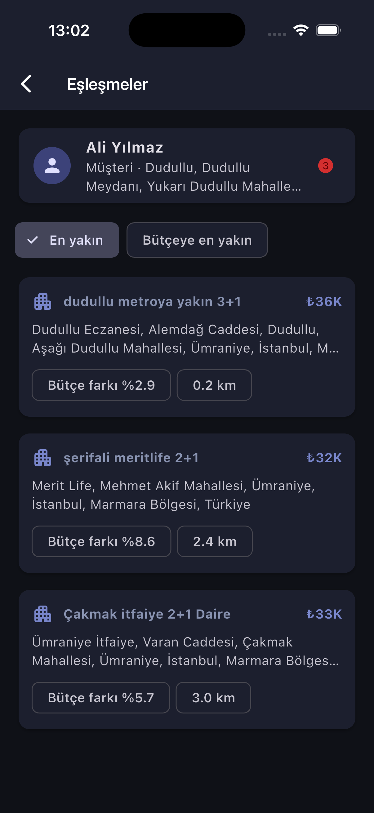 Emlakçım matching results sorted by location with budget gap and distance