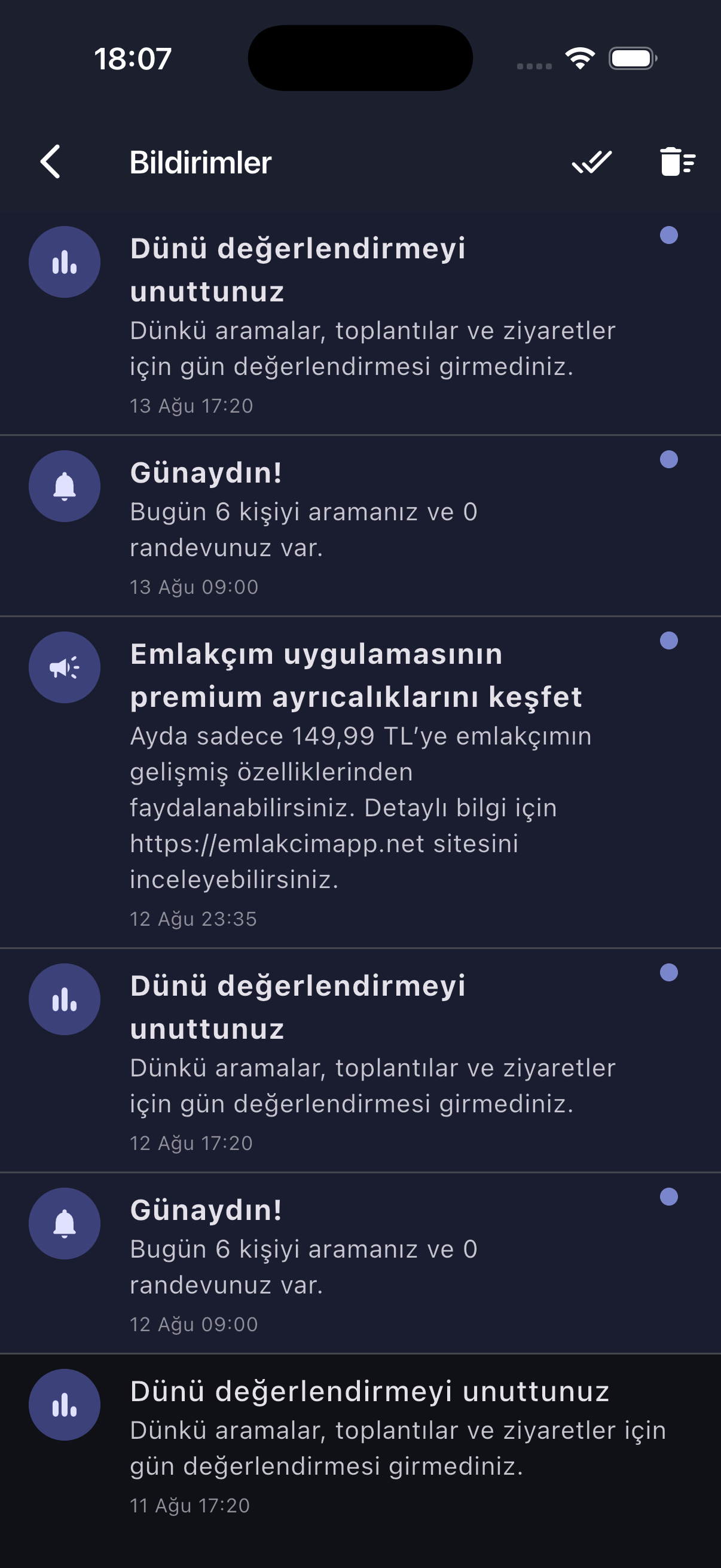 Screenshot of the Emlakçım notification center
