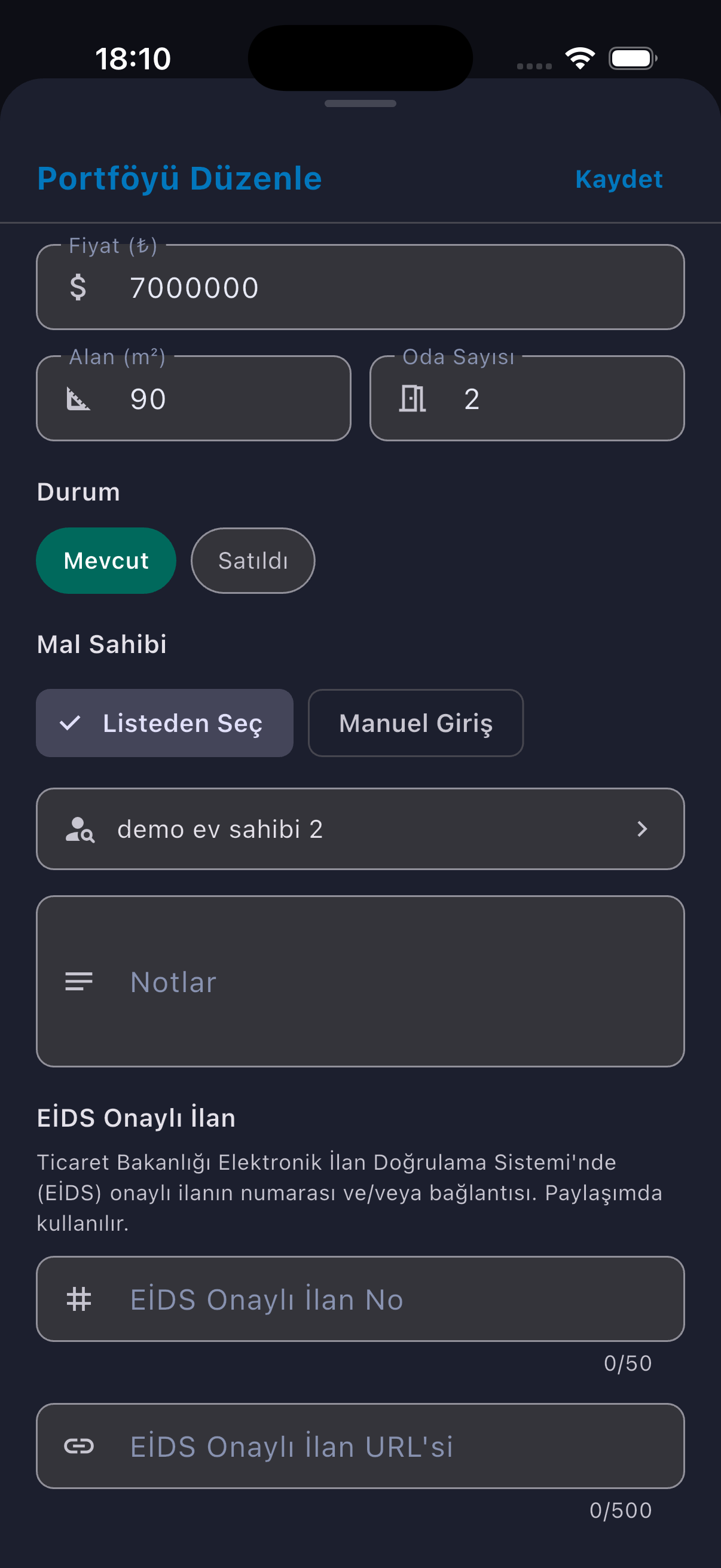 Screenshot of the EİDS-approved listing fields in the property editor