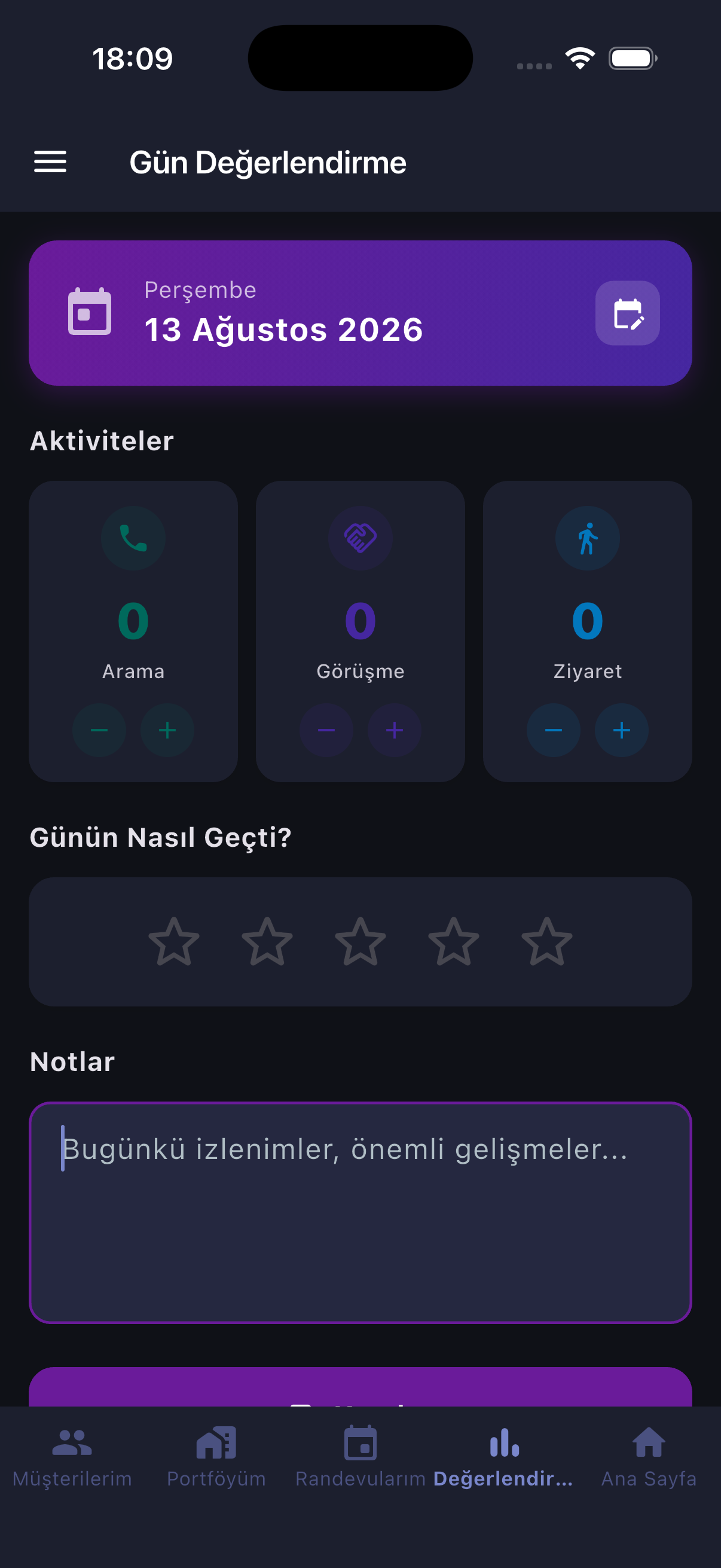 Screenshot of the daily evaluation screen