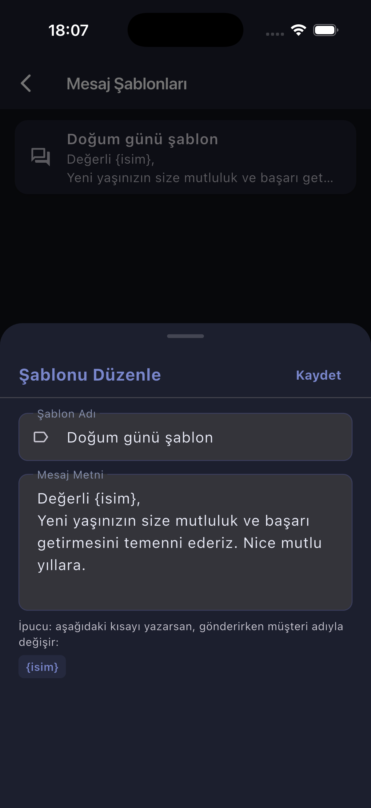 Screenshot of the birthday message template editor