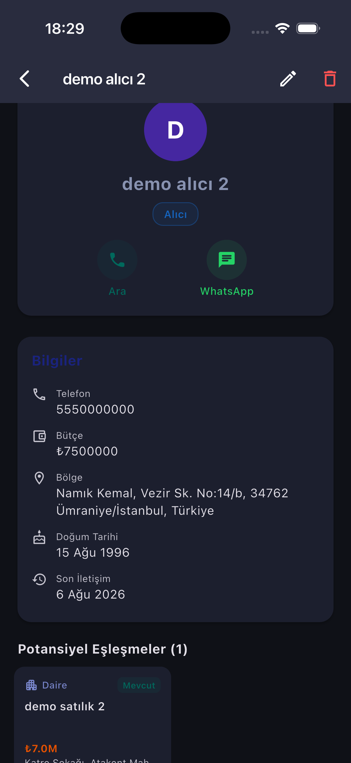 Customer detail screen with call, WhatsApp, last contact, and potential property matches
