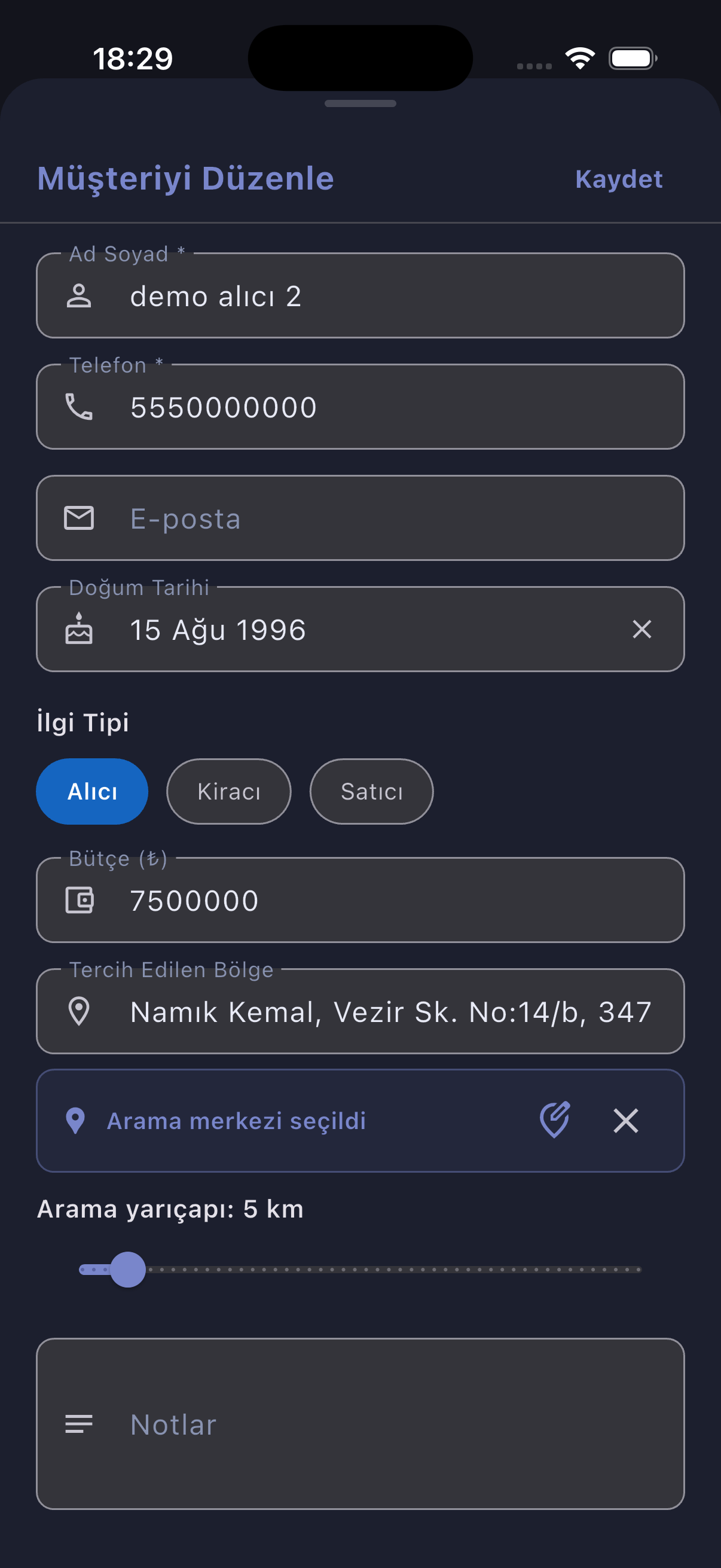 Customer editing screen with intent, budget, preferred area, search center, and radius fields