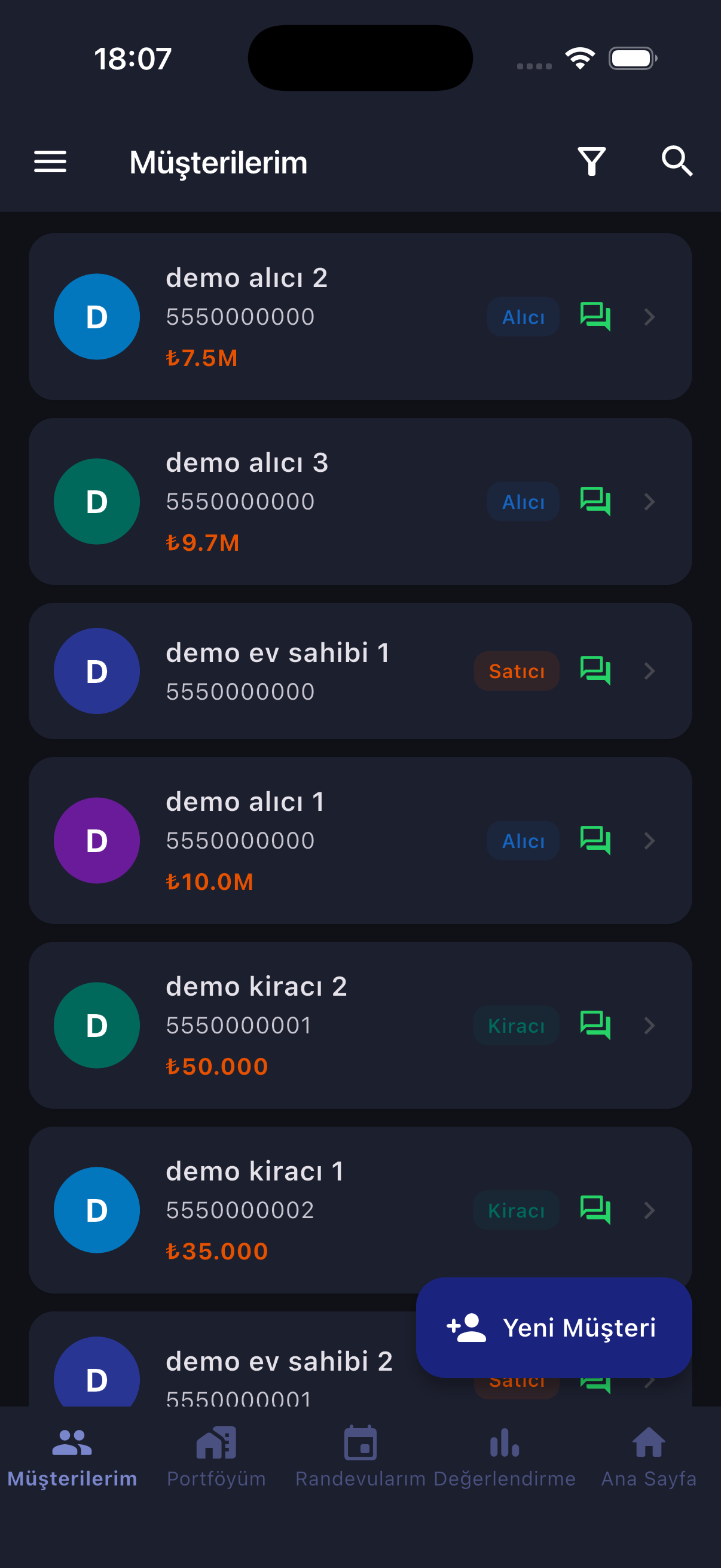 Screenshot of the customer list and quick contact actions