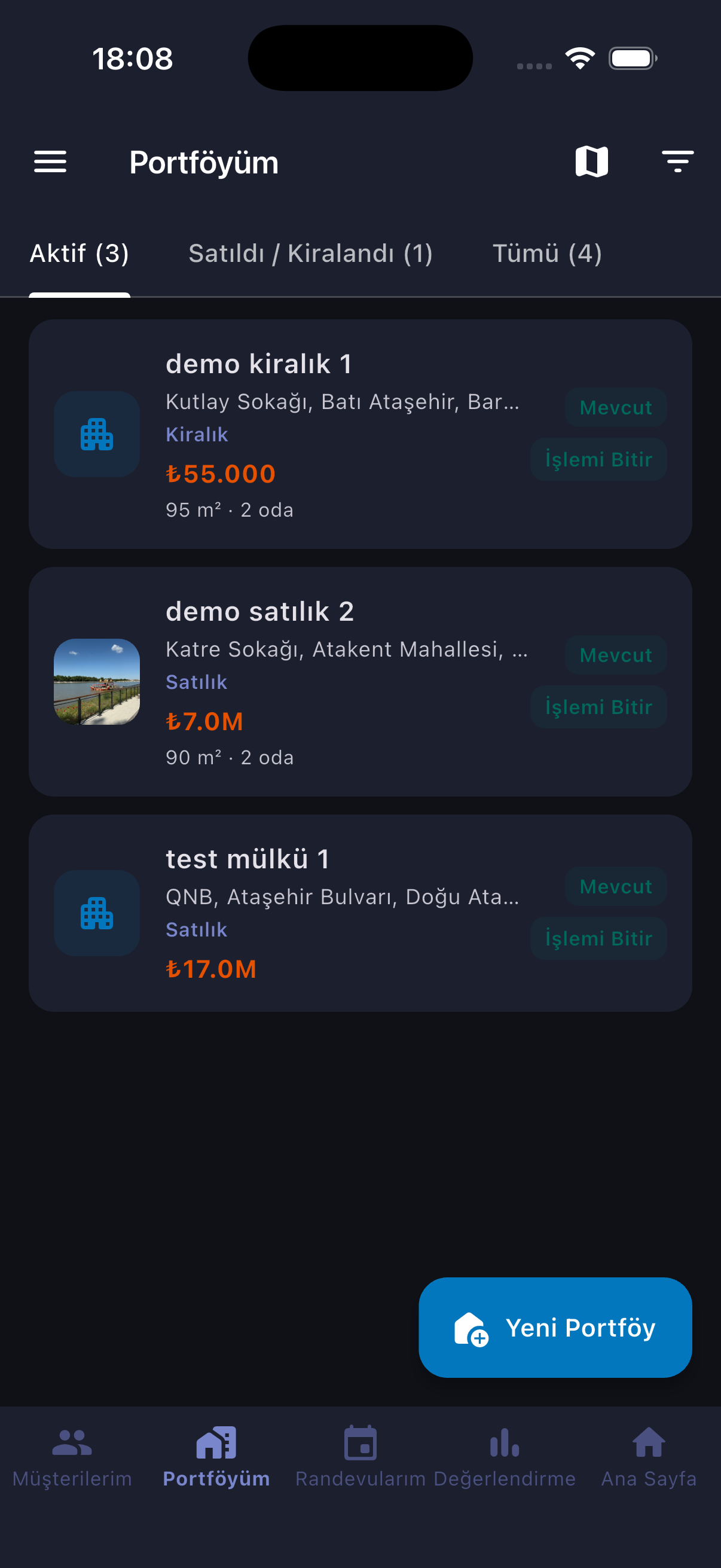 Screenshot of the portfolio list