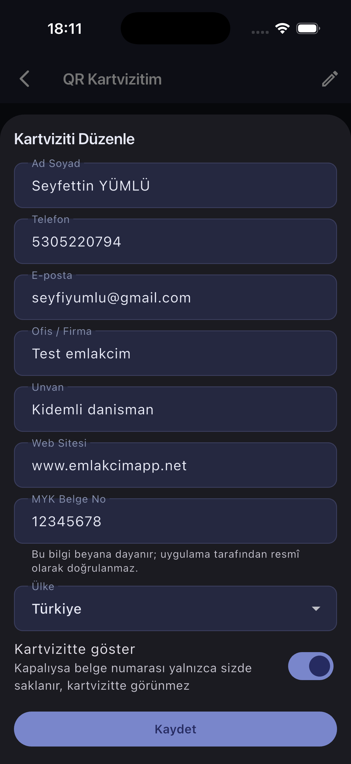 Screenshot of the QR business card editing screen