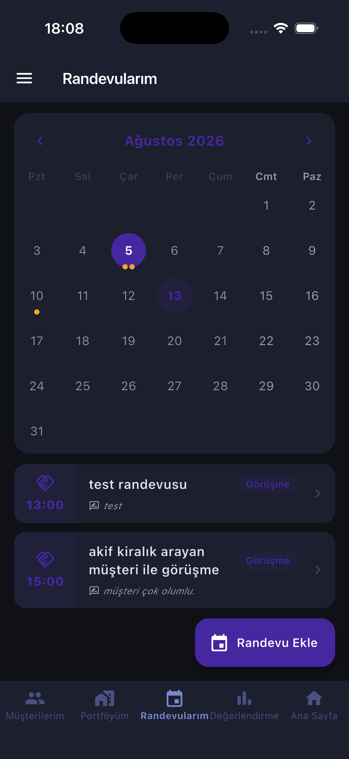 Screenshot of the appointment calendar